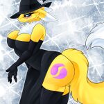  absurd_res anthro bandai_namco big_breasts blue_eyes breasts butt canid canine cassielink chest_tuft clothing digimon digimon_(species) digital_drawing_(artwork) digital_media_(artwork) digital_painting_(artwork) drawing dress female fluffy fluffy_tail fox fur glistening glistening_body glistening_skin gloves halloween handwear hat headgear headwear hi_res holidays magic_user mammal pinup pose renamon sketch solo thick_thighs tuft witch witch_hat yellow_body yellow_fur 