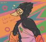  anthro avian clothing colorful colorful_background deltarune lofihill male muscular muscular_anthro muscular_male shirt simple_coloring solo swatch_(deltarune) swatchling tank_top topwear undertale_(series) undressing video_games 