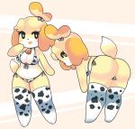  animal_crossing animal_print bent_over big_butt bikini blonde_hair blush breasts butt canid canine canis cleavage clothed clothing cow_print domestic_dog female hair hi_res isabelle_(animal_crossing) mammal nintendo onigiri_punch shih_tzu side-tie_bikini solo swimwear toy_dog video_games 