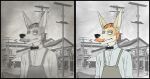  1900s anthro apron biped blonde_hair bow_tie canid canine canis clothed clothing dardanus_(foxmusk) facial_hair facial_markings fox foxmusk fur hair head_markings historical long_ears looking_at_viewer male mammal markings mature_male mustache photo_background solo 