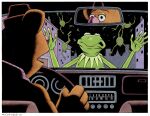  2021 5_fingers amphibian anthro border brown_body brown_fur bruce_mccorkindale building car clothing crossover driving fingers fozzie_bear frog fur green_body green_skin group hat headgear headwear hi_res kermit_the_frog magnolia_(film) male mammal muppet muppets parody radio raining_characters rearview_mirror signature steering_wheel the_muppet_show ursid vehicle white_border 