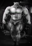  2020 abs anthro balls_outline biceps big_bulge big_muscles biped bottomwear bulge clothed clothing felid footwear genital_outline greyscale gym hi_res huge_thighs hybrid inside liger lion looking_at_viewer mainlion male mammal monochrome muscular muscular_anthro muscular_male muscular_thighs navel nipples pantherine pecs penis_outline pinup pose purrcules_(character) quads revelion shoes shorts sneakers solo thick_thighs tight_bottomwear tight_clothing topless veiny_muscles 