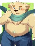  2021 absurd_res anthro belly blush bottomwear brown_body bulge canid canine canis clothing cu_sith_(tas) domestic_dog hi_res humanoid_hands kemono lifewonders male mammal moobs nipples overweight overweight_male pants scarf simple_background solo tokyo_afterschool_summoners video_games zuboboz 