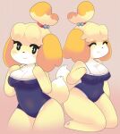  absurd_res animal_crossing anthro blonde_hair blush breasts canid canine canis cleavage clothed clothing domestic_dog female fur hair hi_res isabelle_(animal_crossing) kneeling mammal nintendo one-piece_swimsuit onigiri_punch shih_tzu solo swimwear toy_dog video_games yellow_body yellow_fur 
