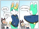  4:3 animal_crossing anthro blonde_hair blood bodily_fluids bottomless bottomless_male bran-draws-things catcall clothed clothing dialogue digital_media_(artwork) english_text eyewear flashing fur glasses hair hi_res human humor lagomorph leporid male mammal marshal_(animal_crossing) nintendo nosebleed rabbit rodent sasha_(animal_crossing) sciurid speech_bubble surprised_expression sweater teal_hair text topwear two_panel_image video_games villager_(animal_crossing) white_body white_fur white_skin 