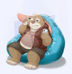  2021 anthro belly bottomwear brown_body cellphone clothing crustonpie headphones hi_res lagomorph leporid listening_to_music male mammal overweight overweight_male phone rabbit shirt shorts sitting smartphone solo topwear 