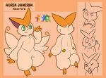  2021 2_toes 3_fingers ambiguous_gender anthro auria_jansson blush butt character_name cheek_tuft clothing color_swatch cross_section crossed_arms expression_sheet facial_tuft feet fingers front_view frustrated fur green_eyes gynomorph_(lore) hand_on_head hi_res legendary_pok&eacute;mon model_sheet neck_tuft nintendo one_eye_closed orange_background orange_body orange_fur pok&eacute;mon pok&eacute;mon_(species) rear_view screamoshaymin shirt simple_background smile solo tan_body tan_fur text thick_thighs toes topwear trans_(lore) trans_woman_(lore) tuft victini video_games wings wink 