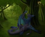  6:5 absurd_res asiren_(cormyrian) background_focus blue_body blue_fur chiroptyvern claws dragon eating feral food forest forest_background fruit fur grass hi_res hungry male nature nature_background open_mouth plant resting sitting solo tree wings wyvern zikeny 