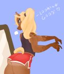  anthro athletic blonde_hair bodily_fluids bottomwear brown_body brown_fur butt butt_pose checking clothing equid equine fur hair hi_res horse long_hair looking_at_mirror looking_at_object looking_at_reflection male mammal mirror moitasart ponytail pose shorts solo sweat sweatdrop text 