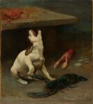  1889 19th_century absurd_res ancient_furry_art arthropod black_body brown_body brown_fur canid canine canis claws crustacean decapoda detailed_background domestic_dog feral fur group hi_res humor lobster malacostracan mammal marine oil_painting_(artwork) open_mouth painting_(artwork) paws pinch signature traditional_media_(artwork) white_body white_fur william_strutt 