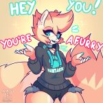  1:1 2021 5_fingers absurd_res blue_eyes bottomwear canid canine clothed clothing dialogue english_text female fingers fox fur hair hi_res hoodie mammal nagi_(nagifur) nagifur pants personal_grooming solo styling_hair text text_on_clothing thick_thighs tongue topwear 