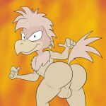  1:1 anthro avian backsack balls bird butt chest_tuft darkajugin feathers fire genitals gesture hi_res jack_(webcomic) looking_at_viewer looking_back male multicolored_body multicolored_feathers nathan_(jack) nude pointing pointing_at_self solo tan_body tan_feathers tuft two_tone_body two_tone_feathers 