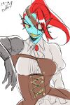  2:3 animal_humanoid blue_body blue_skin clothing corset female fin fish fish_humanoid hi_res humanoid leather leather_clothing lingerie marine marine_humanoid metal_arm pugthe2ro pupils shirt simple_background slit_pupils smile solo steampunk topwear undertale_(series) undyne white_background white_clothing white_shirt white_topwear yellow_sclera 