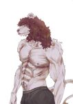  anthro clothed clothing felid hair hi_res lion male mammal muscular nipples pantherine puffy simple_background solo 