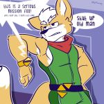  1:1 anthro bandanna biped brown_body brown_fur canid canine clothed clothing dialogue english_text fizzyjay fox fox_mccloud fur green_clothing hi_res kerchief male mammal nintendo solo speech_bubble star_fox text video_games white_body white_fur 