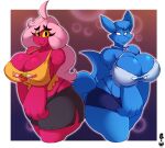  2020 absurd_res anthro big_breasts big_hands blue_body blue_fur blue_hair bottomwear breast_squish breasts canid canine cleavage cleavage_overflow clothed clothing crop_top curvy_figure digital_media_(artwork) duo eyelashes female fingers fox fur hair hi_res hotpants hourglass_figure huge_breasts humanoid kali_(kilinah) kili_(kilinah) kyoob_(thegentlebro) long_hair long_tail looking_at_viewer mammal midriff mimic no_pupils pink_hair red_body red_skin shirt shorts side_boob simple_background simple_eyes smile squish standing superix thick_thighs thong topwear underwear voluptuous wide_hips yellow_sclera 