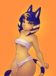  2021 5_fingers absurd_res animal_crossing ankha_(animal_crossing) anthro blue_eyes blue_hair breasts chest_wraps clothed clothing domestic_cat eyebrows eyelashes felid feline felis female fingers hair hi_res looking_at_viewer mammal monian nintendo skimpy small_breasts solo under_boob uraeus video_games wraps yellow_body 