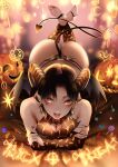  big_butt breasts butt cleavage cleavage_cutout clothed clothing crossed_arms demon demon_humanoid ear_piercing female hi_res humanoid jack-o&#039;-lantern lying not_furry on_front piercing plantigrade solo thong tongue tongue_out underwear zasshu 