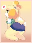  &lt;3 absurd_res animal_crossing anthro blonde_hair border bottomwear breasts butt canid canine canis clothed clothing domestic_dog female fur hair hi_res isabelle_(animal_crossing) mammal miniskirt nintendo onigiri_punch orange_border pencil_skirt shih_tzu shirt skirt solo topwear toy_dog video_games yellow_body yellow_fur 