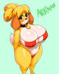  absurd_res animal_crossing anthro arkanman big_breasts bikini blush breasts canid canine canis clothing collar domestic_dog embarrassed female hi_res high-angle_view huge_breasts isabelle_(animal_crossing) looking_at_viewer mammal navel nintendo solo swimwear thick_thighs video_games wide_hips 