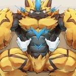  1:1 abs anthro biceps big_muscles chest_tuft disembodied_hand hi_res legendary_pok&eacute;mon male muscle_worship muscular muscular_male nintendo pecs pok&eacute;mon pok&eacute;mon_(species) solo tuft video_games waddledox zeraora 