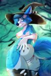  2021 5_fingers anthro anus areola blue_body blue_eyes blue_fur blue_nose breasts clothing digital_media_(artwork) evange female fingers fur genitals hat headgear headwear hi_res nipples pussy solo white_body white_fur 