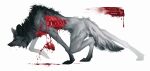  2021 ambiguous_gender blood bodily_fluids canid canine digital_media_(artwork) english_text feral fur gore grey_body grey_fur hi_res mammal paws red_eyes solo text volinfer 