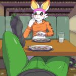  1:1 5_toes absurd_res anthro big_feet bodily_fluids bulge bulge_fondling bulge_rubbing feet first_person_view foot_fetish foot_on_table foot_play hi_res male male/male nintendo pok&eacute;mon pok&eacute;mon_(species) restaurant scorbunny smelly smelly_feet steamy_feet sunny_flowers sweat sweaty_feet thejestermime toes video_games zed_burrows zoroark 