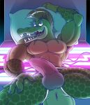  alligator alligatorid animatronic anthro anti_dev anus bed claws crocodilian five_nights_at_freddy&#039;s five_nights_at_freddy&#039;s:_security_breach furniture genitals green_body hi_res knot looking_at_viewer lying machine male mohawk montgomery_gator_(fnaf) muscular muscular_male neon on_back open_mouth penis pillow reptile robot scalie simple_background solo video_games 