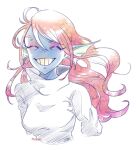  animal_humanoid blue_body blue_skin clothing eyes_closed female fin fish fish_humanoid hair hi_res humanoid marine marine_humanoid pipitasout red_hair simple_background smile solo sweater teeth topwear undertale_(series) undyne white_background 