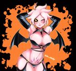  aka_nobodyy black_sclera dragon_ball female freckles freckles_on_breasts hair halloween_costume hi_res humanoid majin one_eye_closed short_hair solo succubus tattoo tongue tongue_out wings wink womb_tattoo yellow_eyes 
