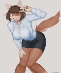  &lt;3 anthro bent_over bottomwear breasts brown_body brown_fur brown_hair canid canine clothed clothing female fur gesture hair hi_res kemono kuatabami mammal one_eye_closed shirt skirt solo topwear v_sign wink 