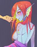  5_fingers ambiguous_gender animal_humanoid blush breasts convenient_censorship duo eyebrows female fin fingers fish fish_humanoid hair hand_in_hair hi_res human humanoid looking_at_viewer mammal marine marine_humanoid multicolored_hair pipitasout pupils scales slit_pupils touching_hair undertale_(series) undyne yellow_sclera 