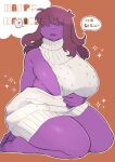  4_fingers ? absurd_res anthro big_breasts breasts clothed clothing curvy_figure deltarune dialogue female fingers freckles hair hair_over_eyes halloween hi_res holidays huge_breasts japanese_text kneeling long_hair meme meme_clothing non-mammal_breasts open_mouth orange_background purple_body reptile scalie side_boob simple_background solo speech_bubble susie_(deltarune) sweater text thick_thighs topwear translated underchikichan undertale_(series) video_games virgin_killer_sweater voluptuous wide_hips 