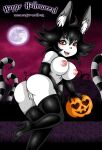  animal_humanoid black_hair butt clothing fangs female food fruit genitals gloves hair halloween handwear hi_res holidays humanoid legwear monster_girl_(genre) moon plant pumpkin pussy red_eyes solo spiky_hair thigh_highs vanja 