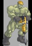  2021 abs armor artist_name balls barazoku biceps big_muscles big_penis black_border boots border clothing erection eyewear footwear genitals gloves goggles green_body green_skin grey_background handwear hard_hat headgear helmet hi_res holding_object huge_muscles humanoid humanoid_genitalia humanoid_penis humanoid_pointy_ears jackhammer looking_at_viewer male muscular muscular_humanoid muscular_male nipples not_furry nude orc pecs penis power_tool psyertitan quads simple_background solo standing tools tusks vein veiny_penis 