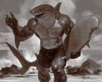  2021 5:4 anthro bite_mark bottomwear clothing detailed_background fish hi_res male marine monochrome sea sepia shark shirtless shorts solo surfboard taran_fiddler water were werefish wereshark 