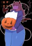  4_fingers absurd_res anthro big_breasts black_background breasts clothed clothing curvy_figure deltarune demon english_text female fingers freckles hair hair_over_eyes halloween hi_res holidays horn huge_breasts jack-o&#039;-lantern long_hair non-mammal_breasts portrait purple_body reptile scalie simple_background smile solo standing susie_(deltarune) text thick_thighs three-quarter_portrait underchikichan undertale_(series) video_games voluptuous wide_hips 