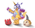  2014 bandai_namco black_nose blue_body blue_fur claws digimon digimon_(species) feet fingers fur gabumon hi_res markings open_mouth open_smile orange_body orange_fur punimon purple_claws red_body red_eyes semi-anthro sharp_teeth smile soihtuss spikes teeth tongue tsunomon yellow_body yellow_skin 