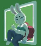  anthro backpack bottomwear clothing denim denim_clothing female fur gesture hi_res jeans lagomorph leporid letter mammal moitasart navel pants paws rabbit sitting slightly_chubby solo top_(disambiguation) waving white_body white_fur window 