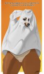  2021 3:5 anthro big_breasts black_nose blue_eyes bottomless breasts brown_body brown_fur canid canine canis clothed clothing curvy_figure domestic_dog english_text female fur genitals ghost_costume halloween hi_res holidays humanoid ineffective_clothing lips looking_at_viewer mammal nipple_outline pussy smile smirk solo somewhatsketchy text wide_hips 