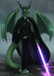  anthro black_cloak black_horn cocoline_(artist) digital_media_(artwork) dragon ethelshai female frill_(anatomy) green_body green_scales head_crest head_frill hi_res horn jedi lightsaber melee_weapon membrane_(anatomy) membranous_wings purple_lightsaber scales shaded solo star_wars weapon wings 