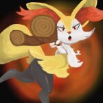  1:1 absurd_res ambiguous_gender anthro biped braixen canid canine fangs fluffy fluffy_ears fluffy_tail fur hi_res looking_at_viewer mammal moitasart nintendo nude painting_(artwork) perspective pok&eacute;mon pok&eacute;mon_(species) pose solo traditional_media_(artwork) video_games 