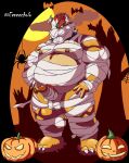  2021 absurd_res anthro balls belly bowser eeveecholo erection food fruit genitals halloween halloween_costume hi_res holidays humanoid_genitalia humanoid_hands humanoid_penis koopa male mario_bros moobs mummy_costume nintendo nipples overweight overweight_male penis plant pumpkin scalie solo video_games 