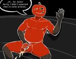  anthro bitting_lip black_background cerdeorhys dialogue ejaculation english_text food fruit gesture glowing glowing_eyes greeting hi_res humanoid male masturbation nude orgasm_face outline plant pumpkin pumpkin_head simple_background sitting solo speech_bubble text waving waving_at_viewer waving_hand white_outline 