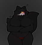  anthro arms_under_breasts bethany_(kris_fahrenheit) big_breasts big_tail bikini_thong black_body black_fur blush blush_lines breasts canid canine canis chest_tuft clothing crossed_arms dannysorrow female fluffy fur grey_background hi_res legs_together looking_at_viewer mammal mostly_nude navel overweight overweight_female red_clothing red_sclera red_thong red_underwear simple_background solo standing surprise surprised_expression swimwear thick_thighs thong thong_only tuft underwear white_mask wolf yellow_eyes 