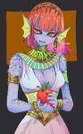  animal_humanoid apple armband breasts cleavage clothed clothing colored_nails egyptian_clothing female fish fish_humanoid food fruit hi_res holding_food holding_fruit holding_object humanoid looking_at_viewer marine marine_humanoid nails pipitasout plant pupils red_nails simple_background slit_pupils solo undertale_(series) undyne yellow_sclera 
