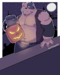  2021 4:5 absurd_res anthro belly bottomwear clothing cute_fangs detailed_background halloween halloween_costume hi_res holidays humanoid_hands kemono male mammal moobs moon navel night nipples outside overweight overweight_male pants solo ursid whitebeast20 