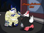  2021 anthro belly black_nose blue_body bulge bunnybara candy dessert duo eyes_closed food halloween halloween_costume hi_res holidays male mummy_costume nintendo overweight overweight_male pok&eacute;mon pok&eacute;mon_(species) red_body shiny_pok&eacute;mon text video_games white_body zangoose 