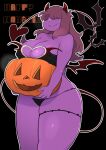  4_fingers absurd_res anthro big_breasts black_background breasts cleavage clothed clothing curvy_figure deltarune demon english_text female fingers freckles hair hair_over_eyes halloween hi_res holidays horn huge_breasts jack-o&#039;-lantern legband lizard long_hair non-mammal_breasts portrait reptile scalie simple_background skimpy smile solo squish susie_(deltarune) text thick_thighs thigh_squish thighband three-quarter_portrait underchikichan undertale_(series) video_games voluptuous wide_hips 